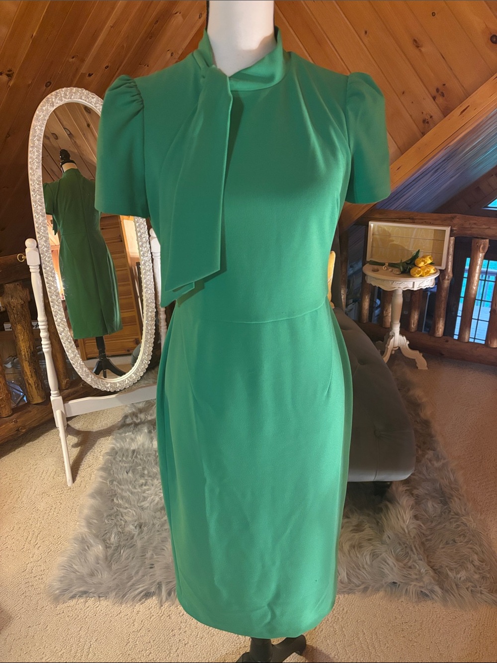 Maggy London Green Tie-Neck Midi Sheath Dress